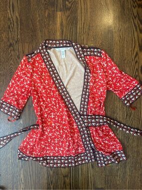 Diane von Furstenberg Red, Black and Tan Geometric Trim Silk Top